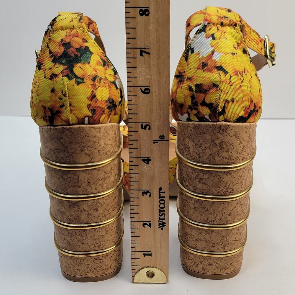Cottagecore 9M Open Toe Yellow Floral Strappy 5" Block Heels Sandals Boho Retro - Picture 8 of 9